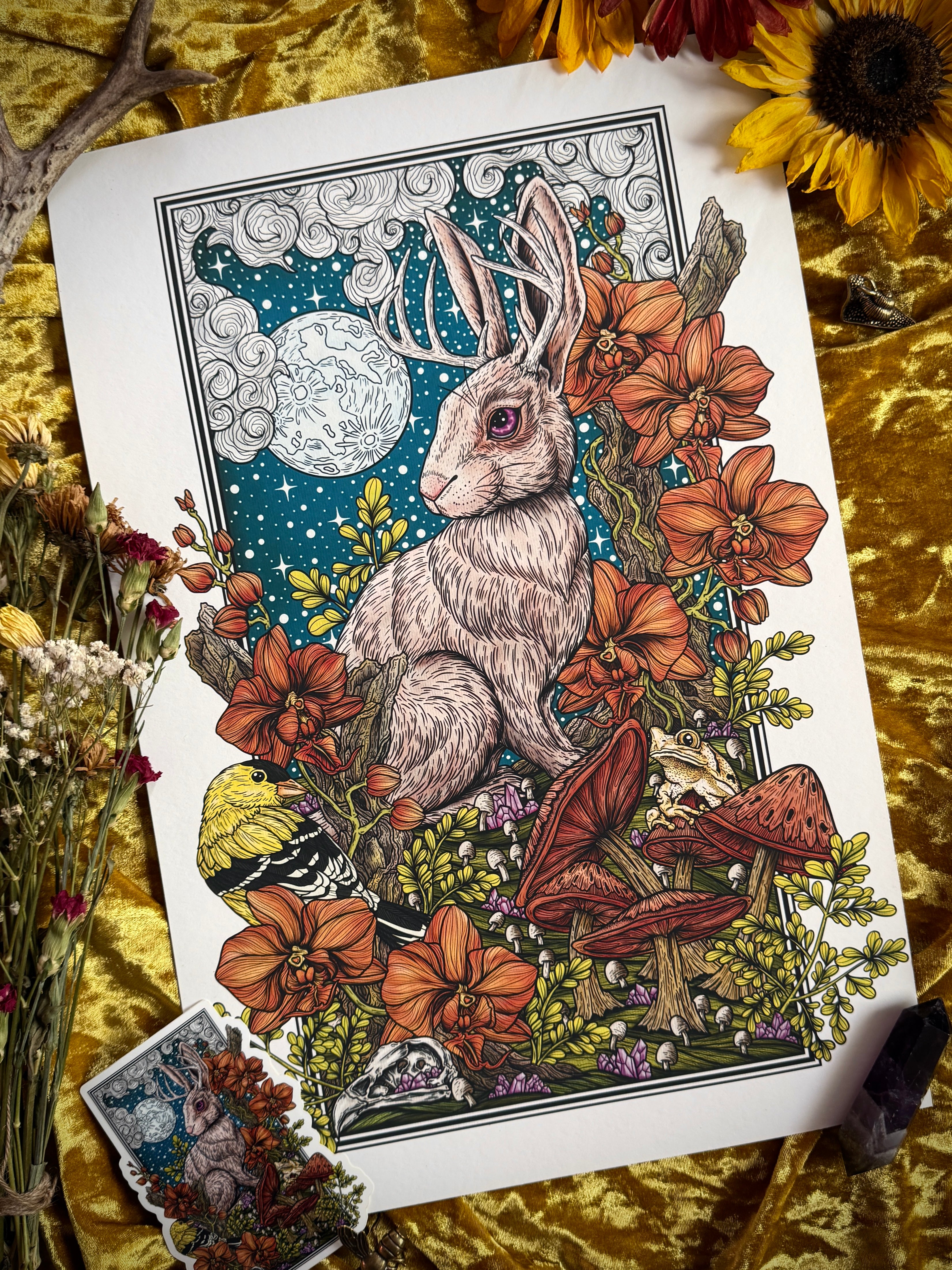 Hidden Gems - Whimsical Floral Jackalope Art Print – Strat Lacy Art