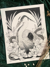 Load image into Gallery viewer, The Night Heron - Floral Great Blue Heron &amp; Snake Art Print
