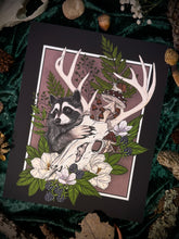 Load image into Gallery viewer, Out of the Woods - Raccoon &amp; Deer Skull Art Print
