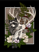 Load image into Gallery viewer, Out of the Woods - Raccoon &amp; Deer Skull Art Print
